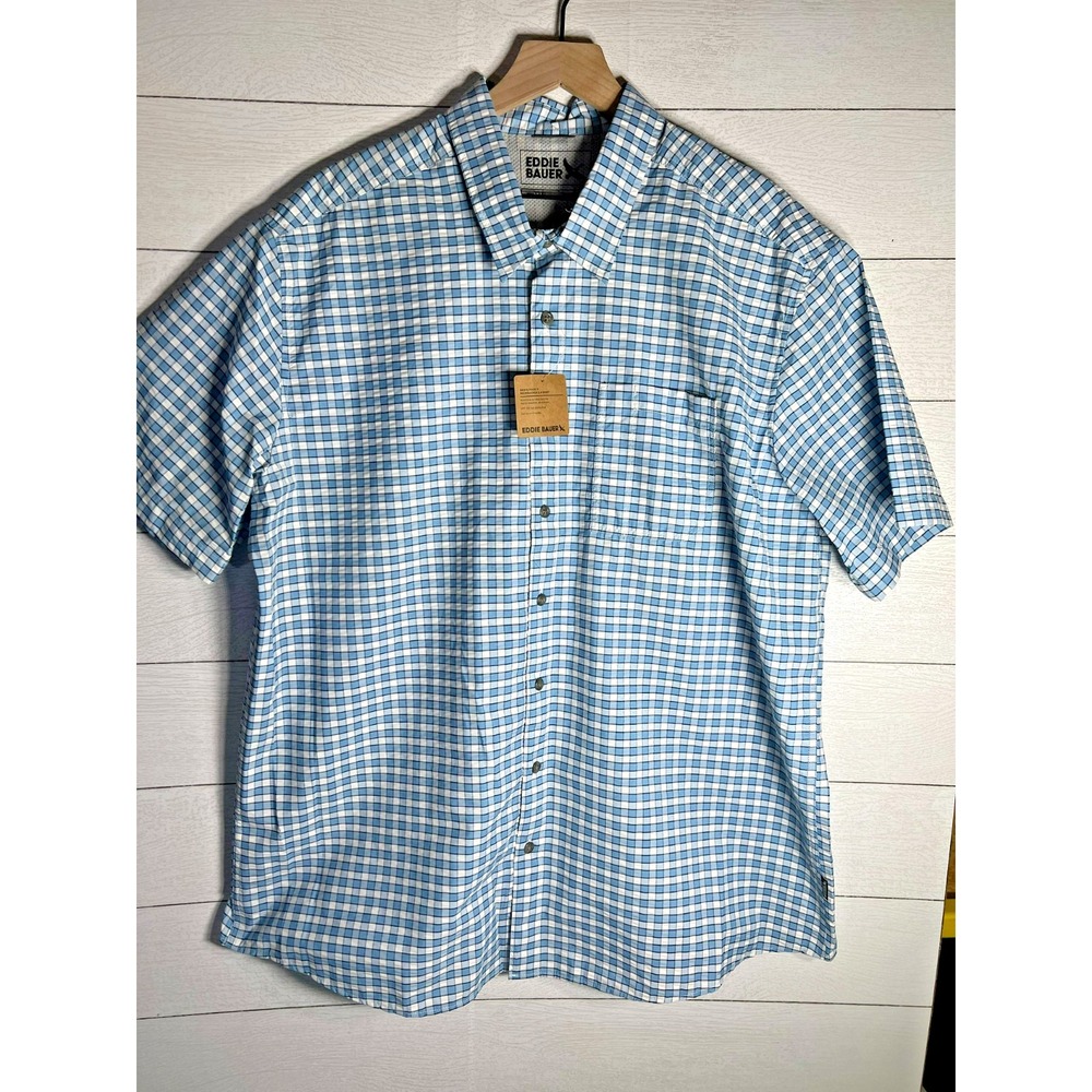 Eddie Bauer New Mens TXXL 2XL Pack It Seersucker 2.0 Blue Plaid UPF Moisture